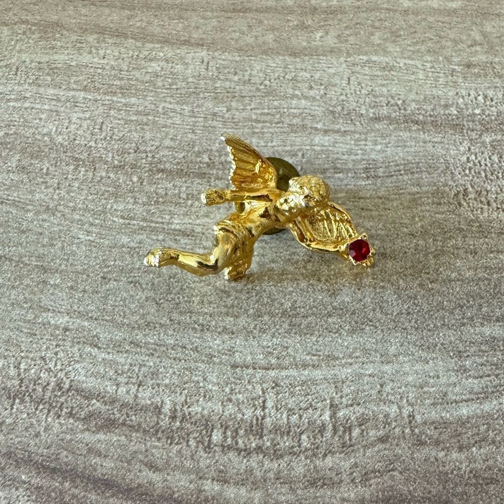 Angel Gold Pin Red Rhinestone Guardian Angel Pin Vintage